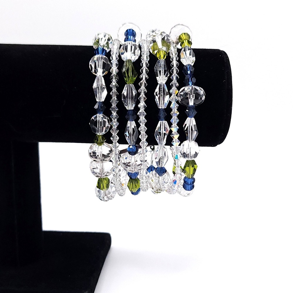 Blue Green Bead Bracelet Multi Strand Silver Adjustable 7-8in - Picture 5 of 5